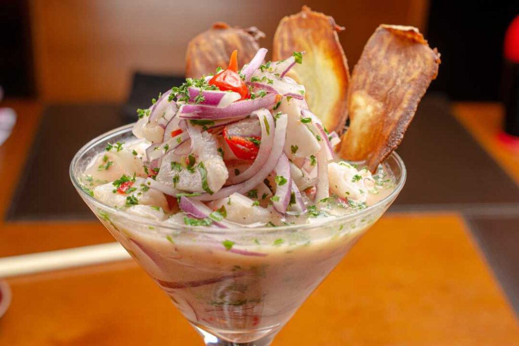 Shrimp ceviche served in a martini glass